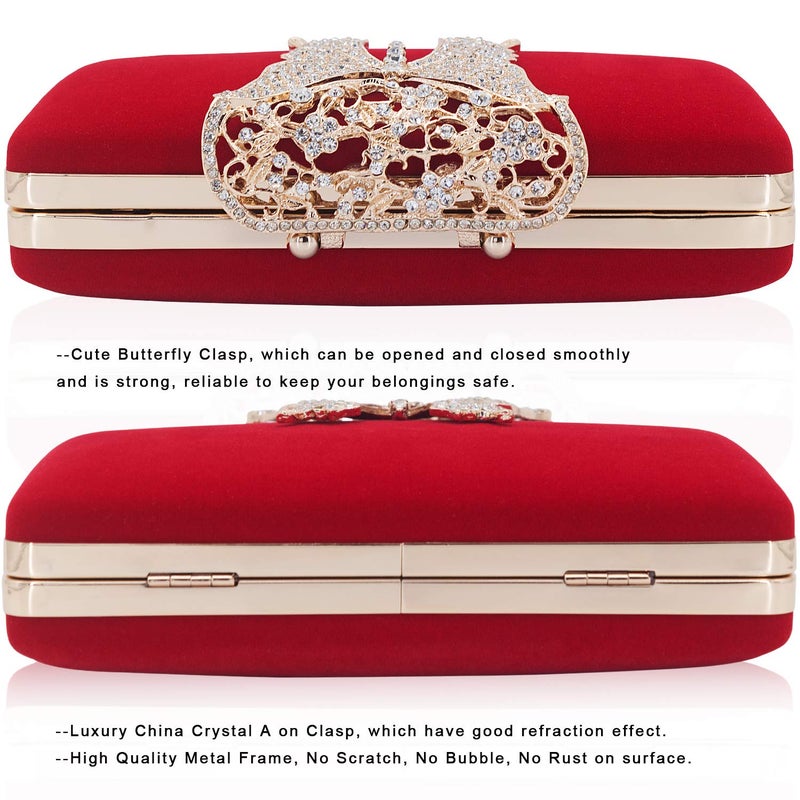 DEXMAY DM Dexmay Unique Velvet Clutch with Rhinestone Crystal Butterfly Clasp Women Evening Bag for Formal Party Red - Image 4